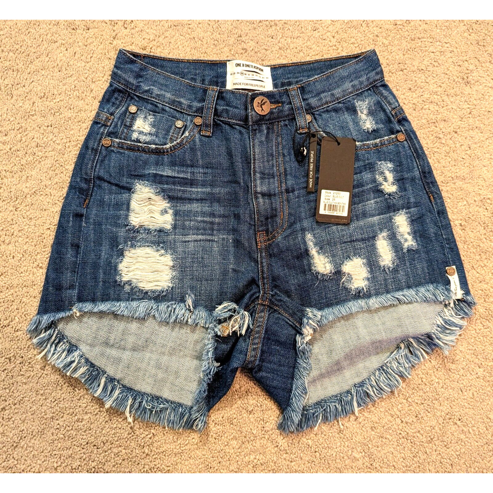 One Teaspoon Distressed Dark Blue Denim Frayed Hem Shorts